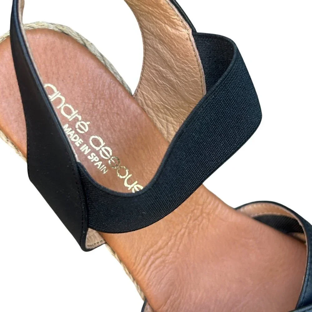 Andre Assoue Black Stretch Mesh Wedge Espadrille Sandals Size 37